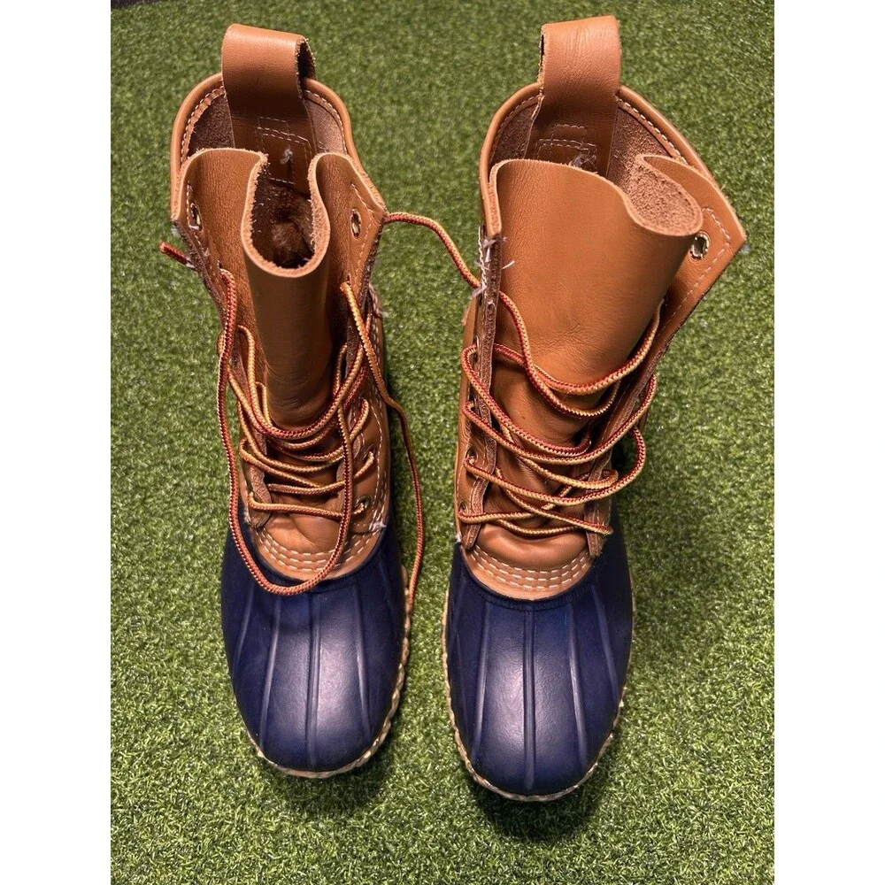 L.L. Bean Duck Boots Womens Size 6 M Tan Navy Blue  8” Leather Rubber USA Preppy